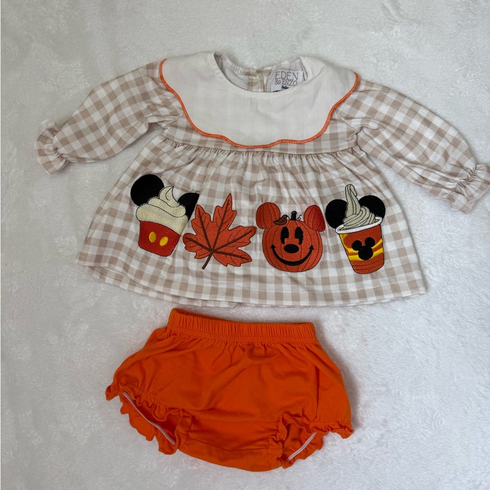 Eden & Enzo 0-3m Beige Gingham Fall Applique Dress with Orange Bloomers